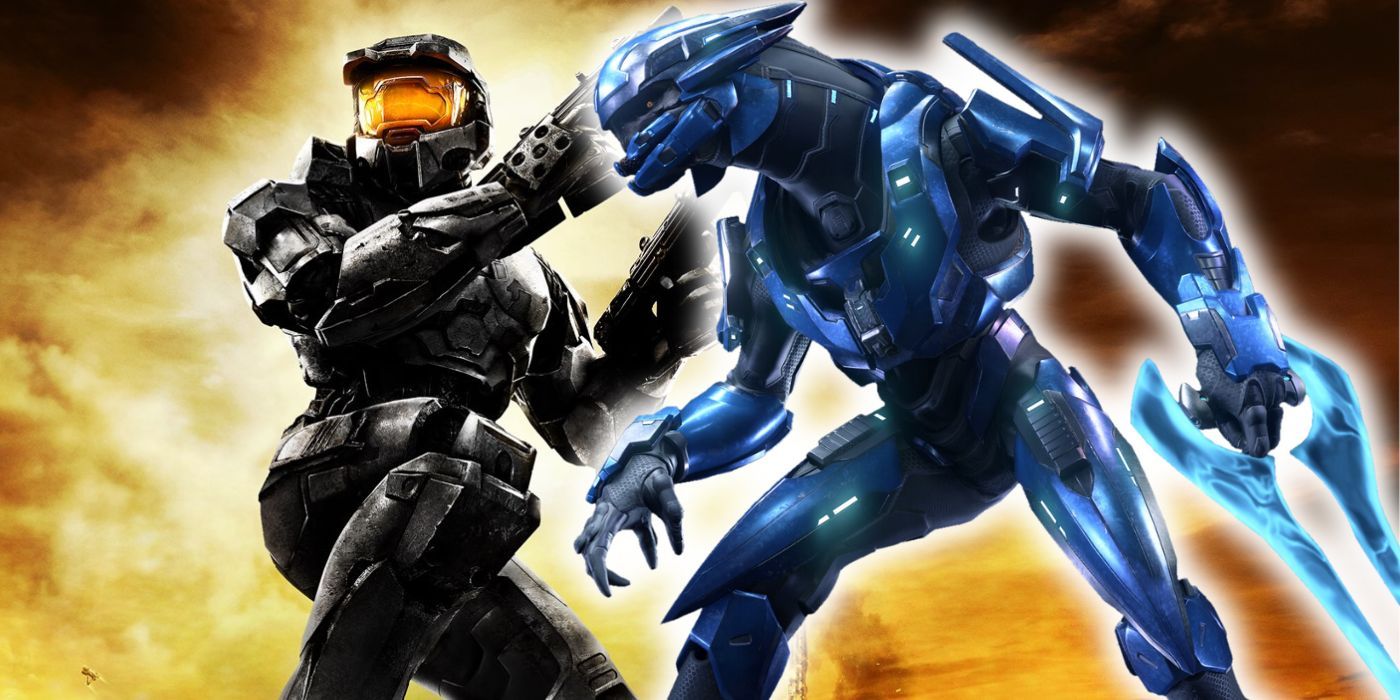 Master Chief with two SMGs alongside a blue Elite with an energy sword