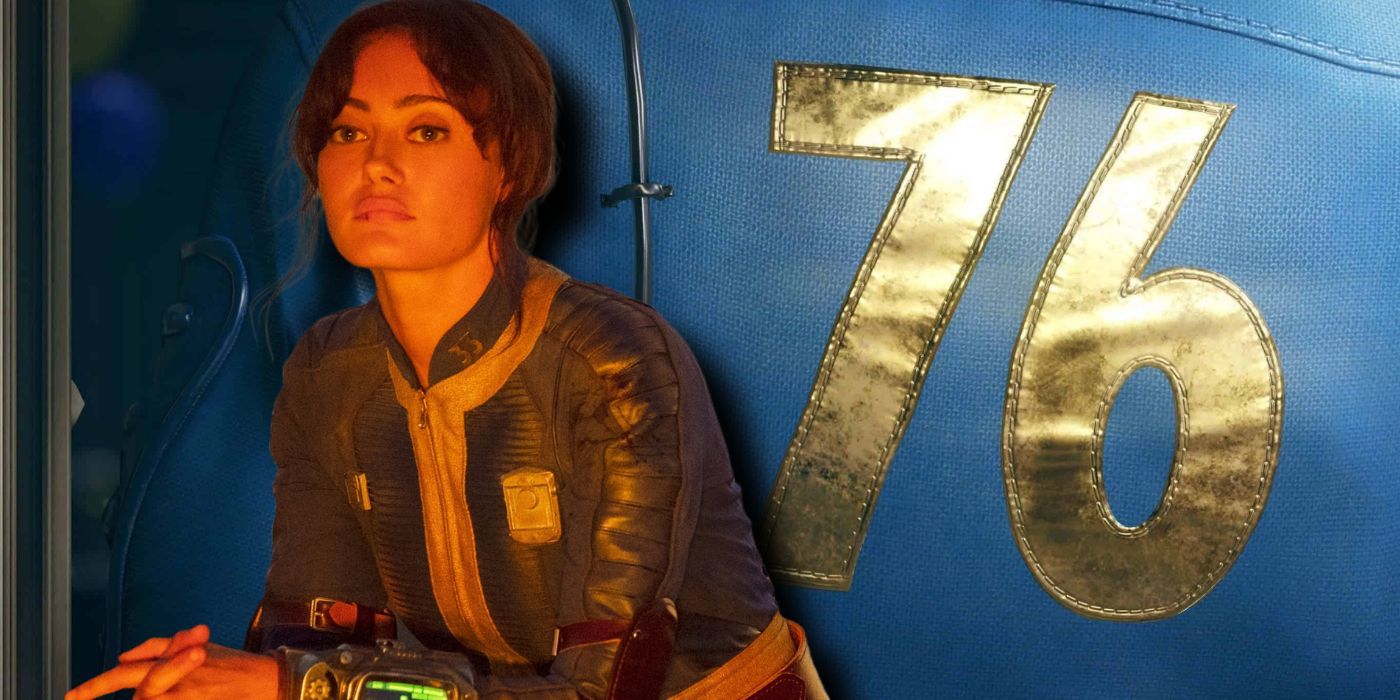 Lucy Maclean sitting by a campfire next to a golden 76 symbol on the back of a Vault Suit