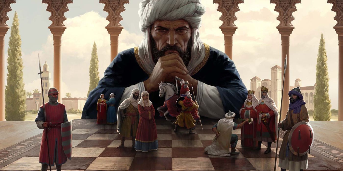 A king looks at a chess board populated soldiers, merchants, and queens