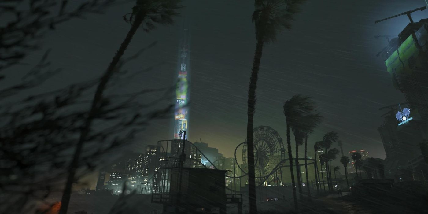 Uma noite chuvosa e ventosa em Night City de Cyberpunk 2077