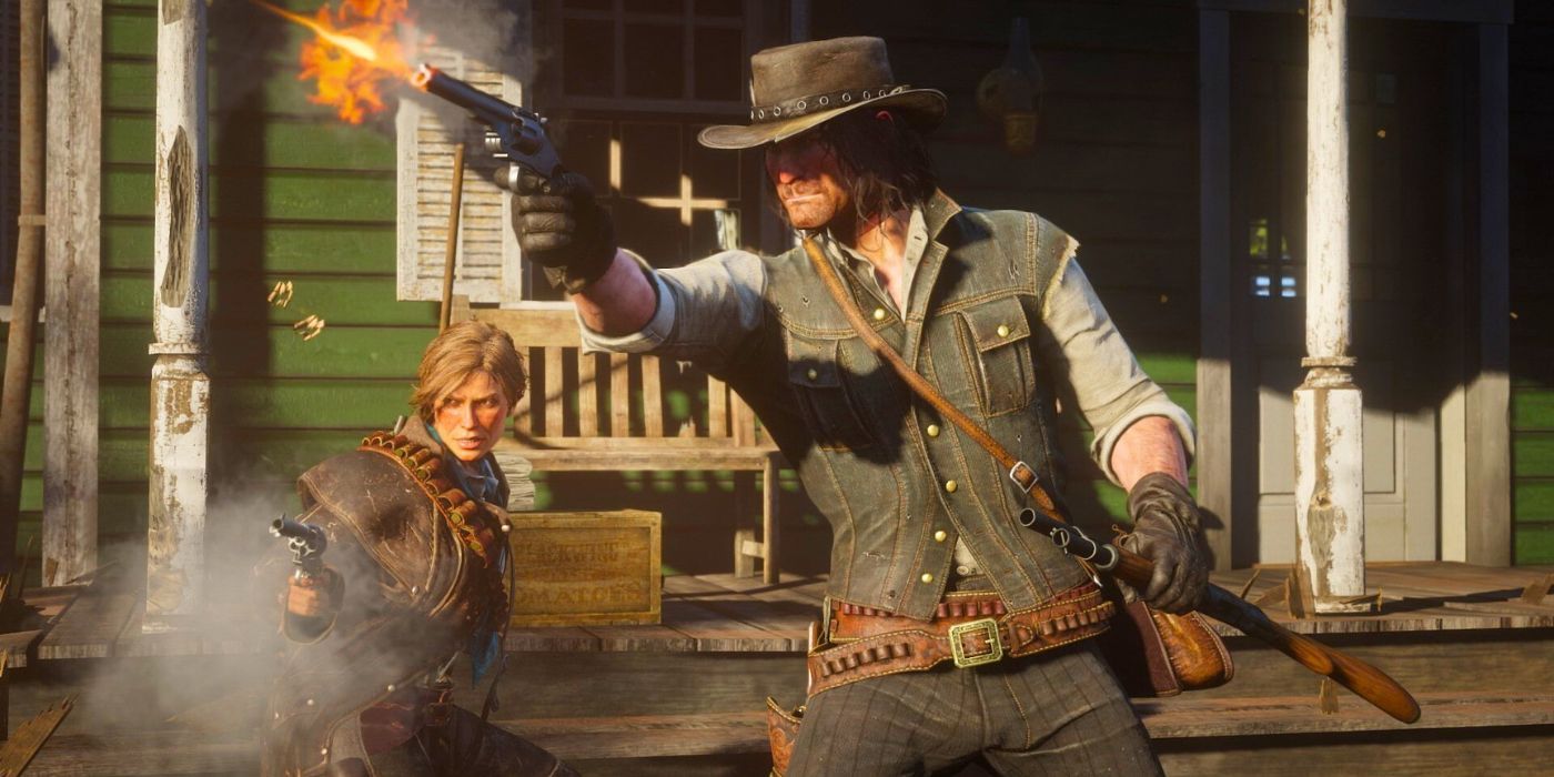 Sadie Adler and John Marston firing their pistols just outside of a building
