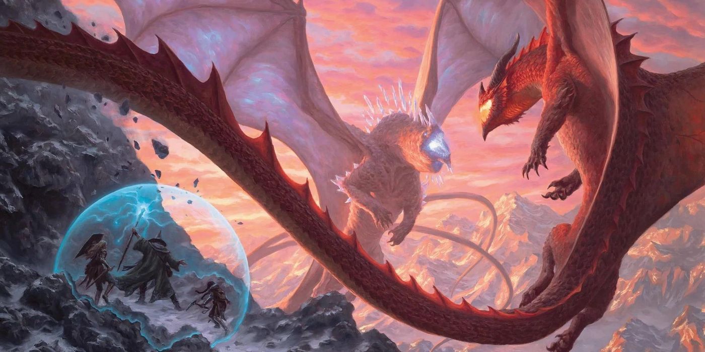 Two massive dragons in flight preparing to blast each other while a party of adventures takes cover within a wizard's bubble shield