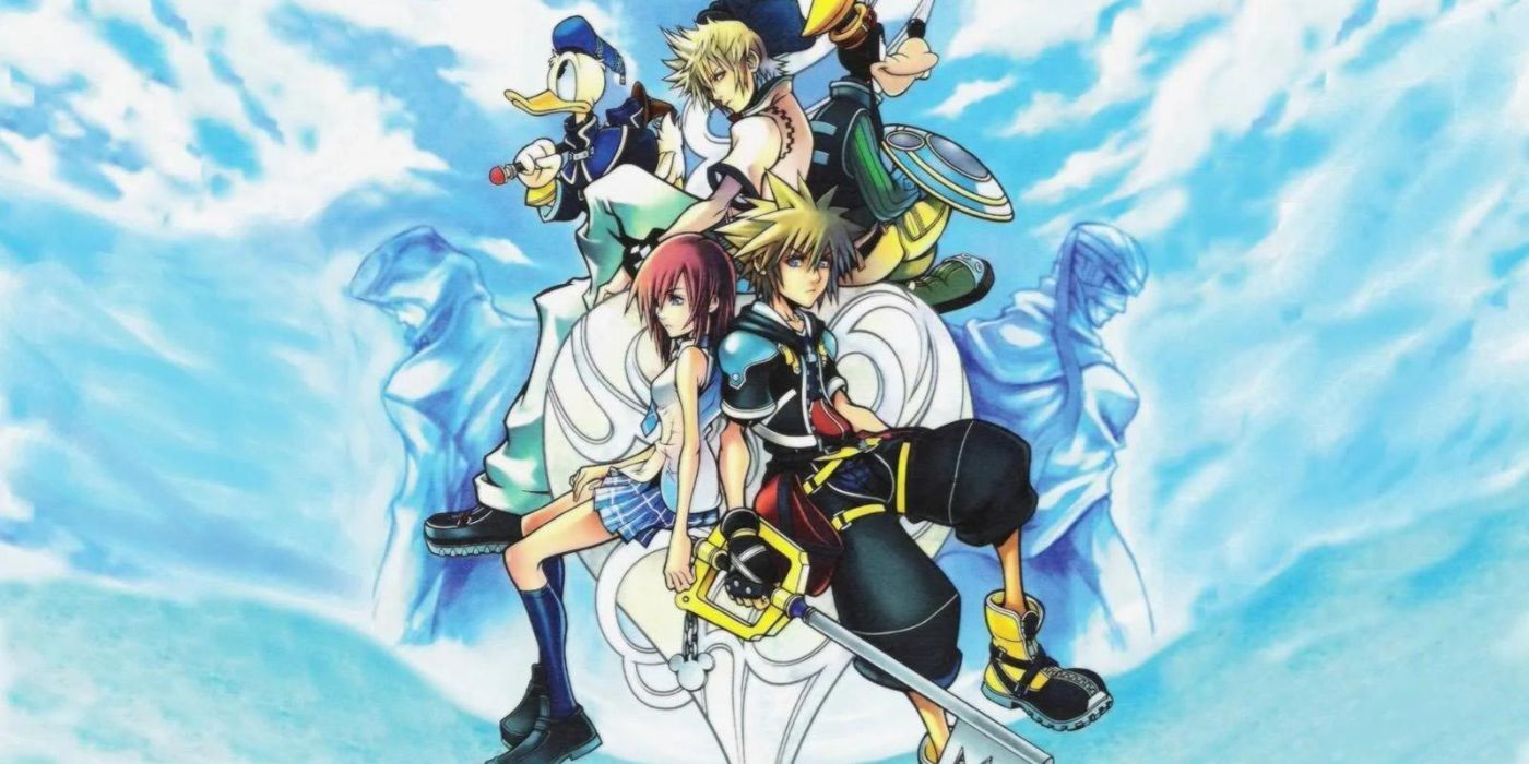 The cast of Kingdom Hearts, including Sora, Kairi, Roxas, Goofy, Donald