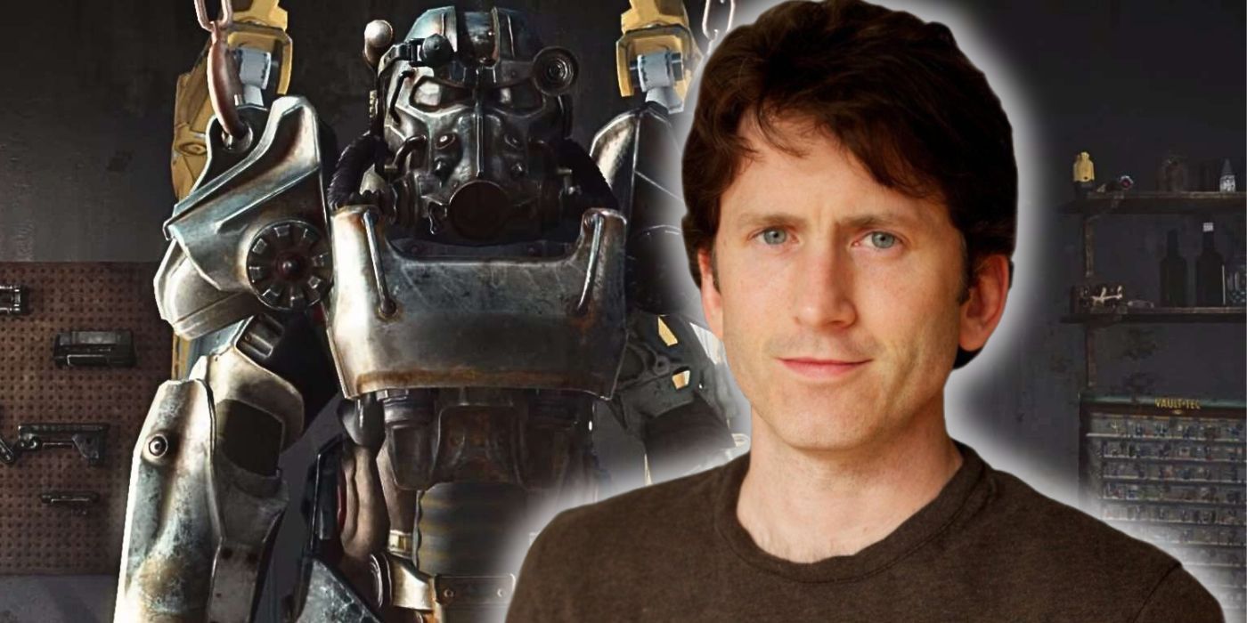 Todd Howard alongside a set of Power Armor in Fallout 4