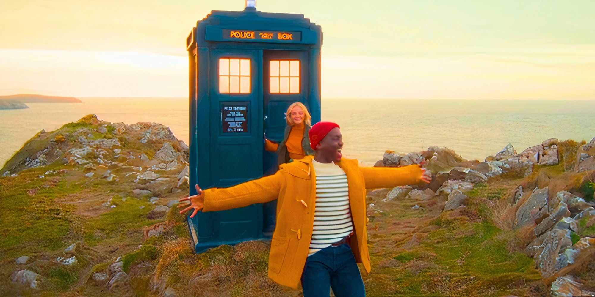 Ncuti Gatwa as the Doctor with his arms spread wide with Millie Gibson as Ruby Sunday leaving the TARDIS in Doctor Who.