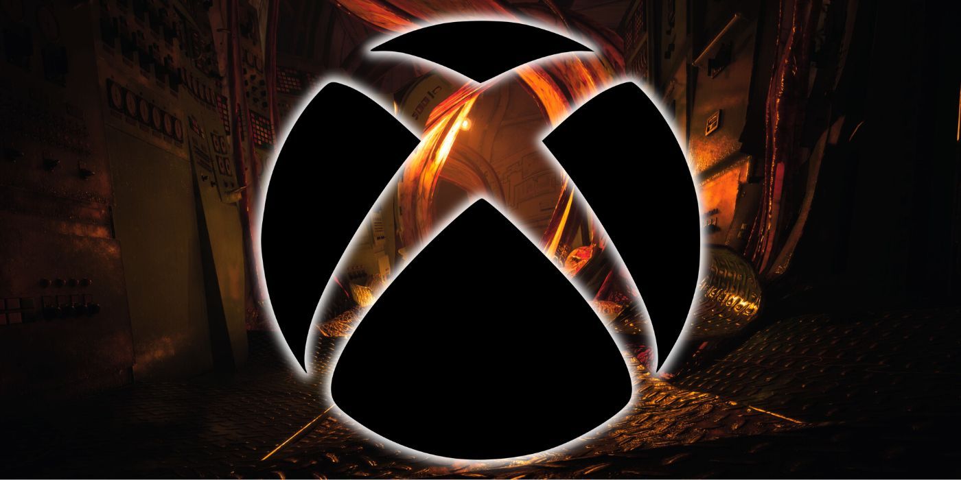 A black Xbox logo over a flaming corridor in Still Wakes The Deep