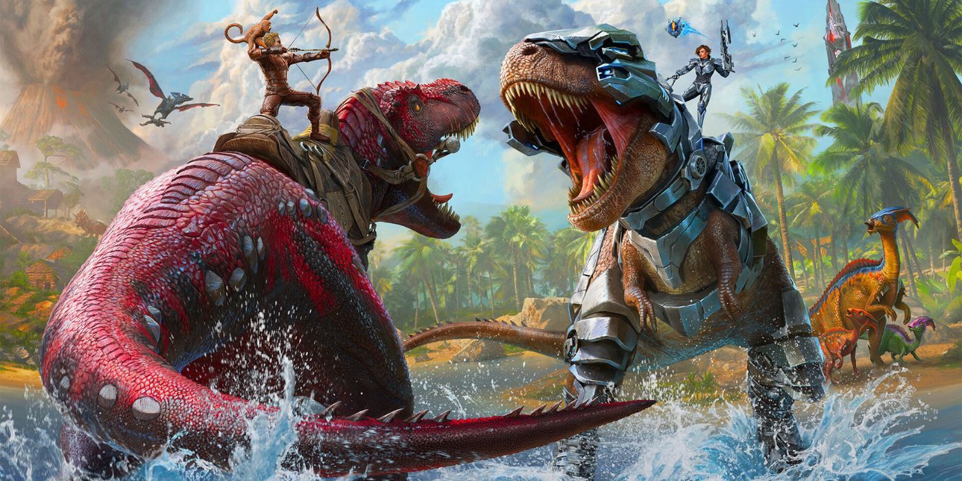 Two Survivors, one riding a red T-Rex and the other on a dinosaur with metal armor, duke it out on a lake