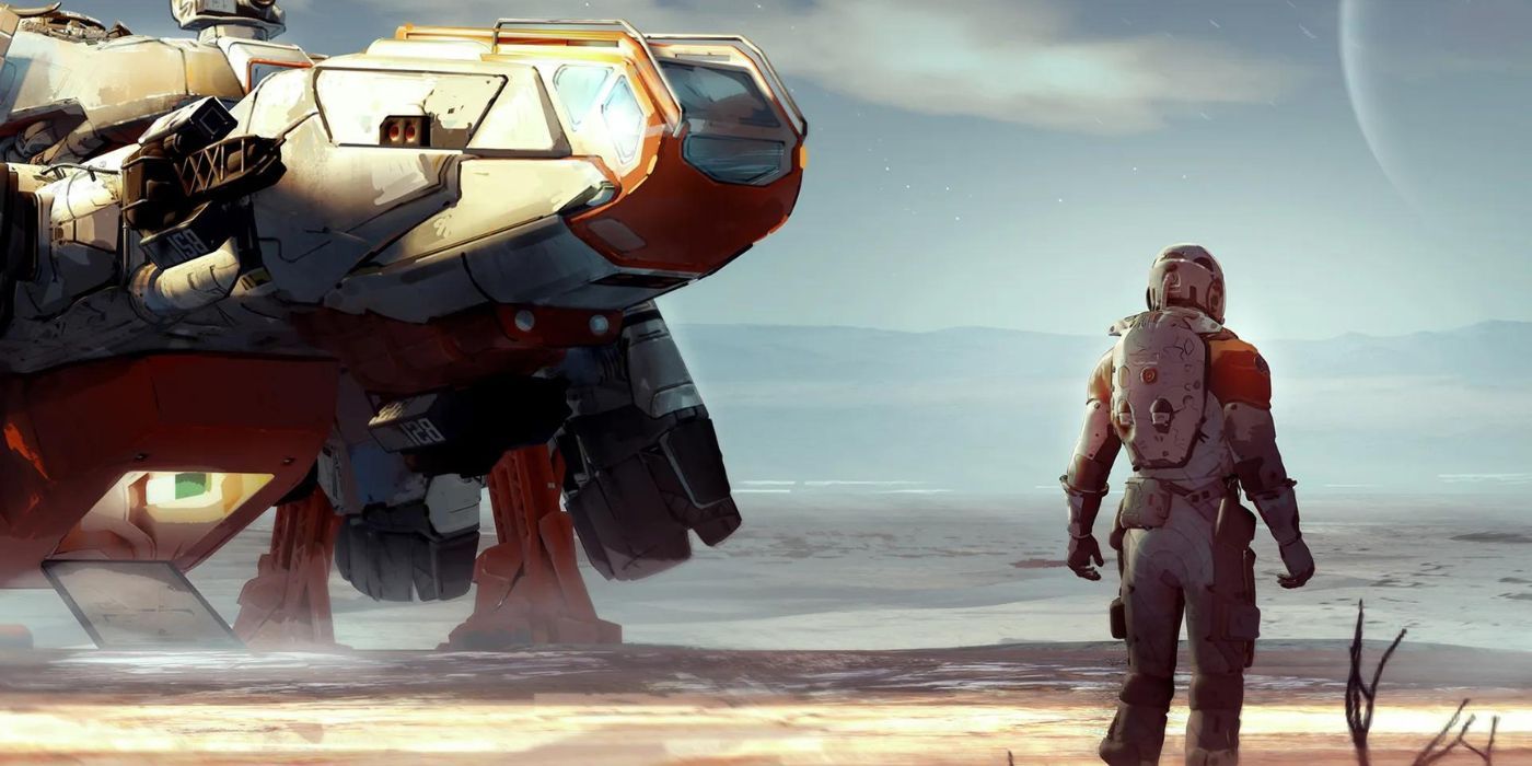 A Starfield explorer standing alongside their ship on an barren planet