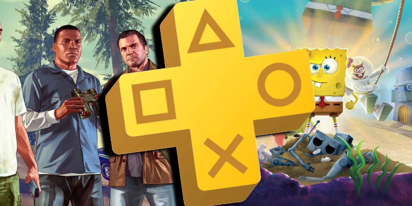 The PS Plus logo alongside Franklin and Michael from GTA V and Spongebob Squarepants