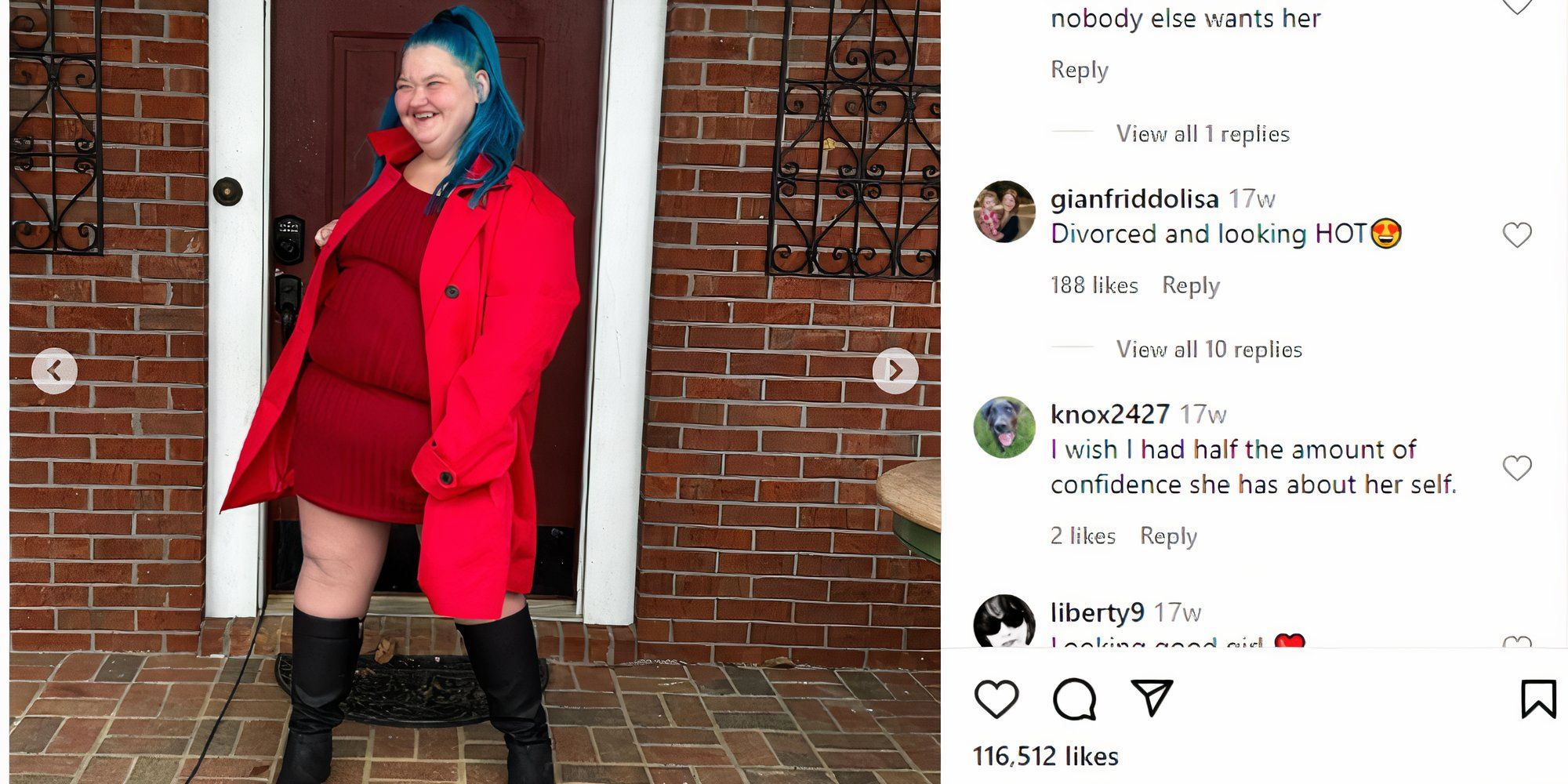 1000-lb Sisters Amy Slaton in red mini dress & red coat, posing in front of a door