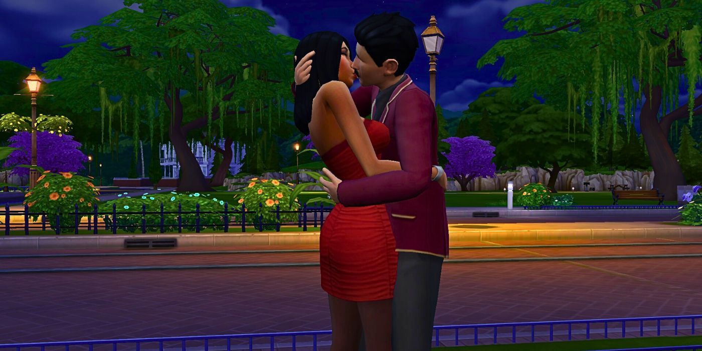 Two Sims kissing in the park