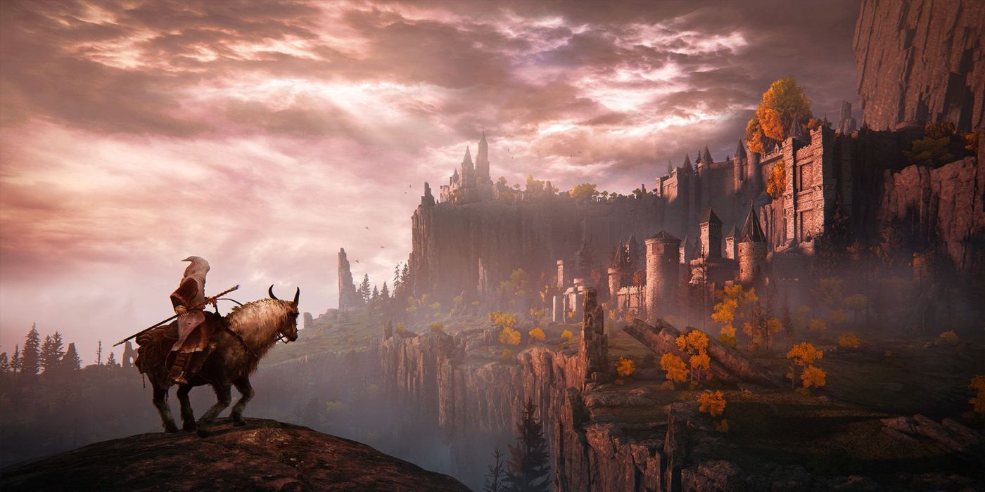 An Elden Ring player sitting on a mount looking over a castle