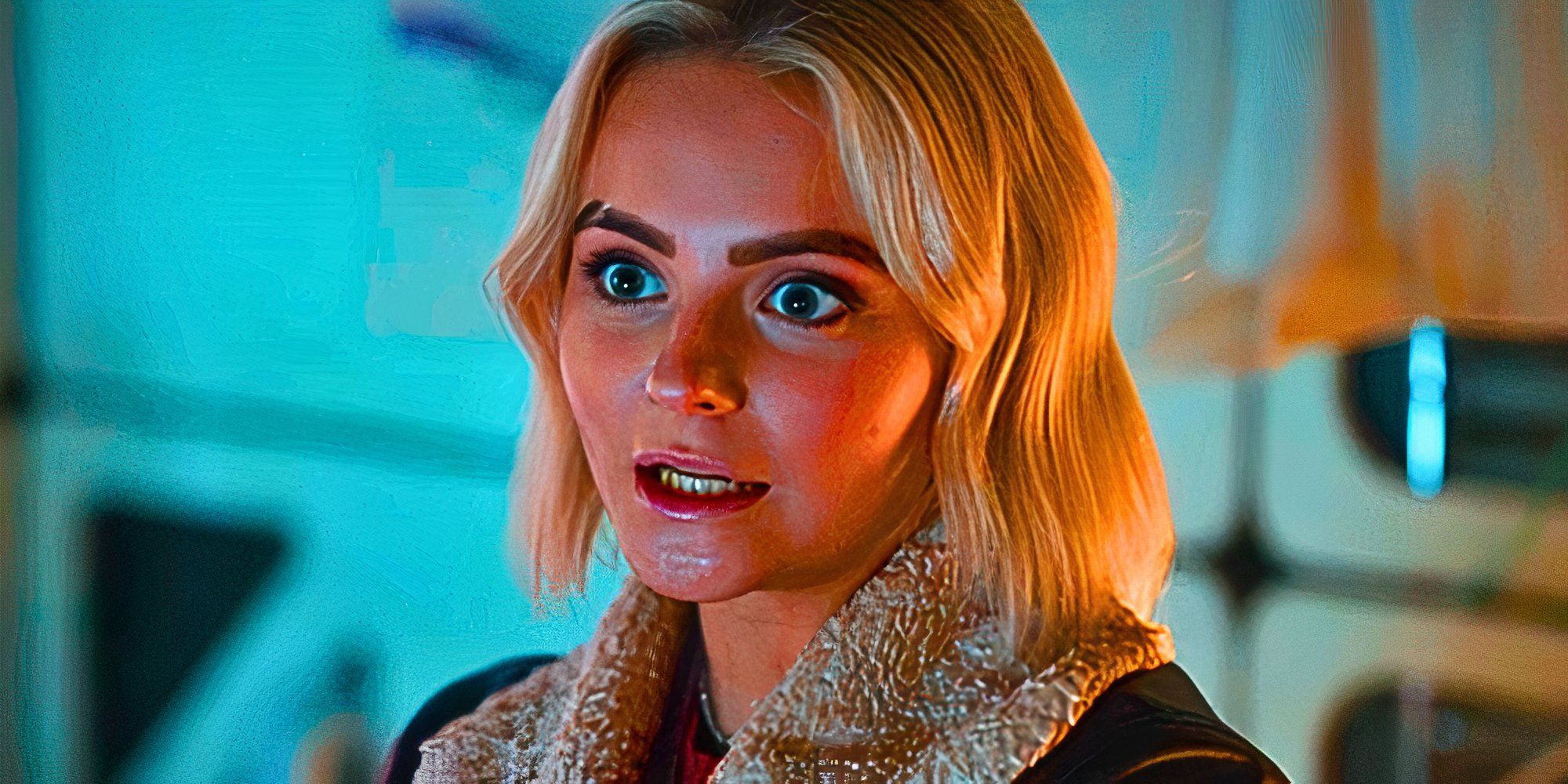 Millie Gibson as Ruby Sunday looking surprised in Doctor Who
