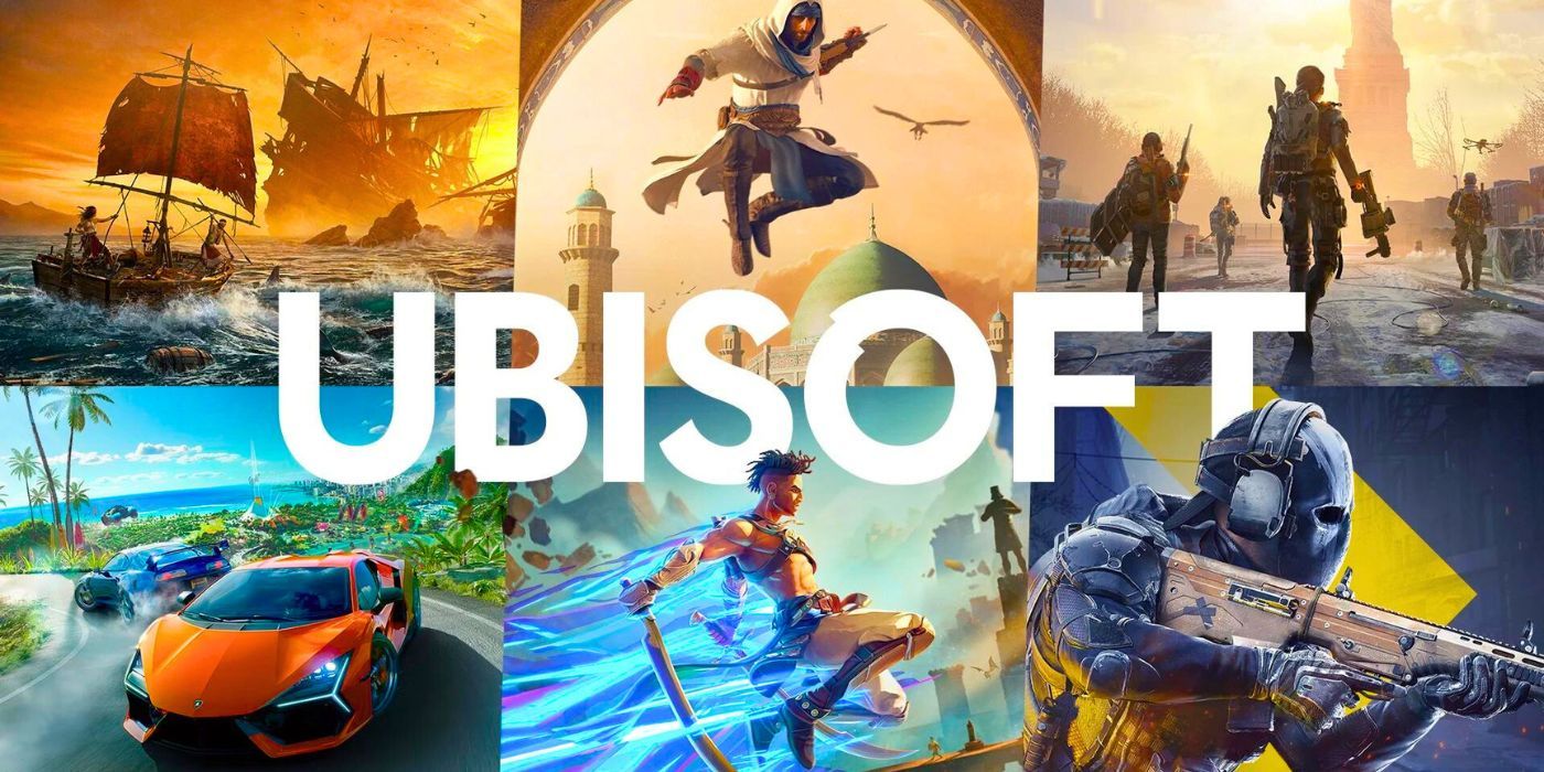 The Ubisoft logo alongside its games like Prince of Persia, Assassin' Creed, Skull and Bones, and The Division