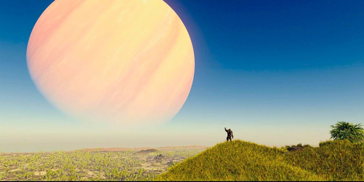 A Starfield player standing upon a grassy hill, waving at a looming gas giant
