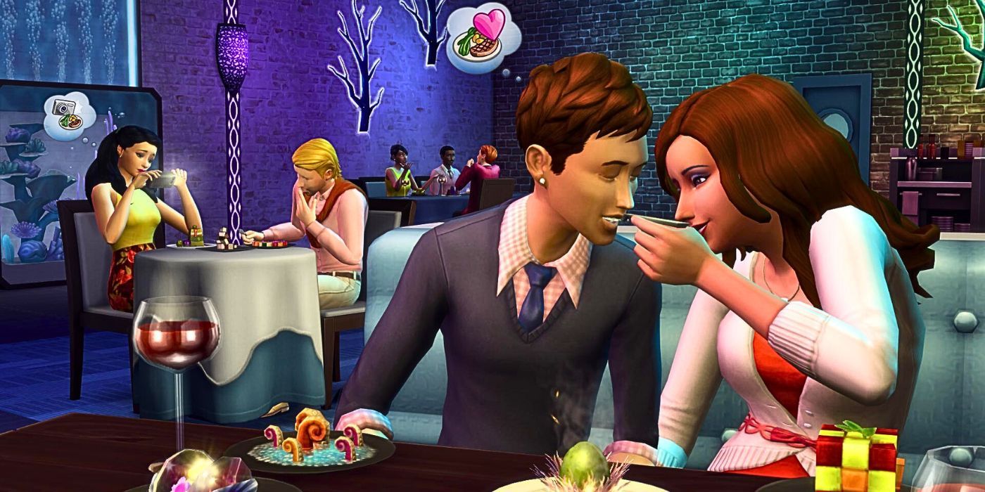 Four Sims eating at a restaurant, the two couples flirting with one another