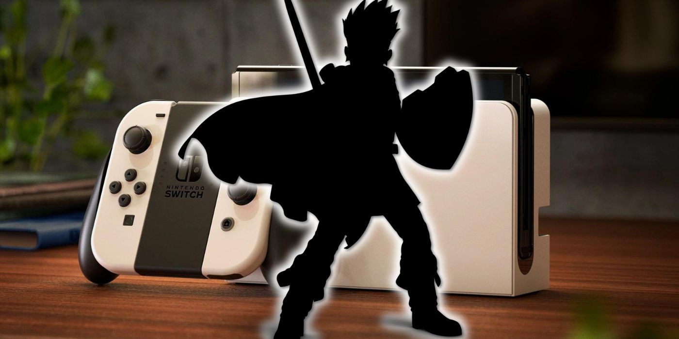 The shadow of the Hero from Dragon Quest 3 overlaid onto the Switch OLED