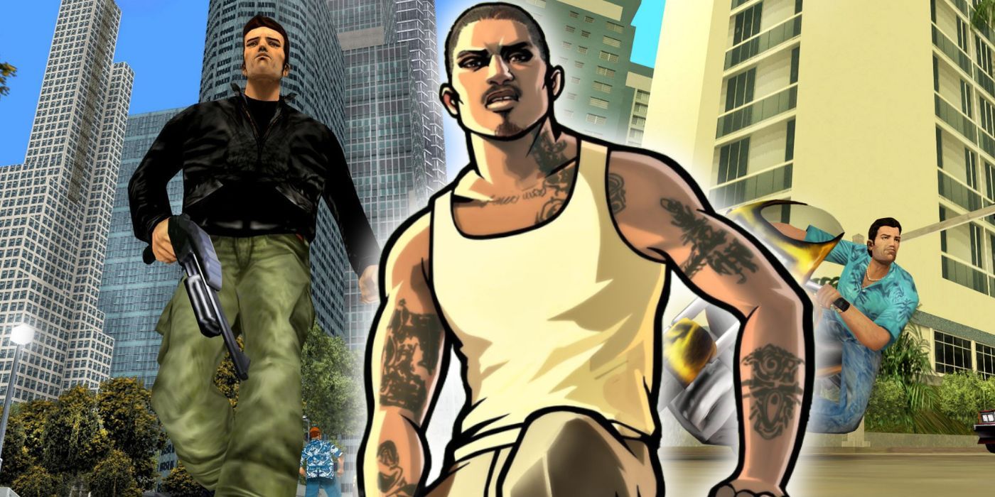 The protagonists from GTA 3 and Vice City alongside a character from San Andreas
