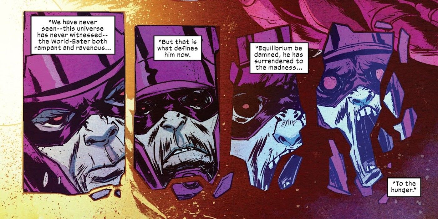 Valeria Richards monologues to Doctor Doom about the madness of Galactus, as his form is shown decaying with hunger.