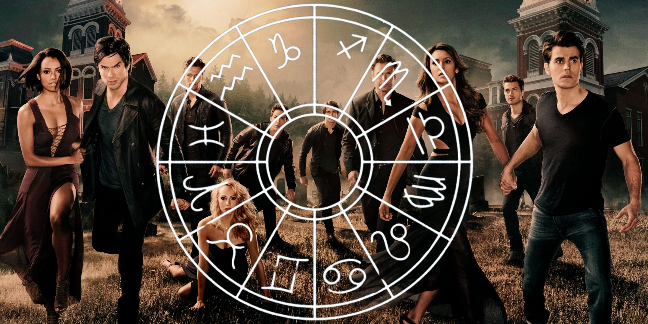 The cast of The Vampire Diaries behind a white Zodiac wheel