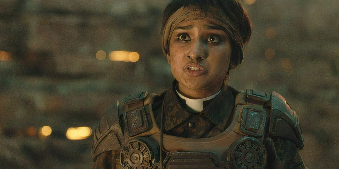 Varada Sethu as Mundy Flynn wearing armor in Doctor Who.