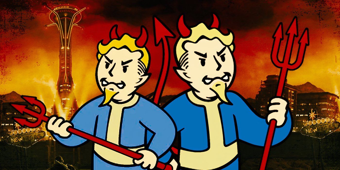 Vault Boy atrodo piktai prieš juostos vaizdą iš Fallout New Vegas.