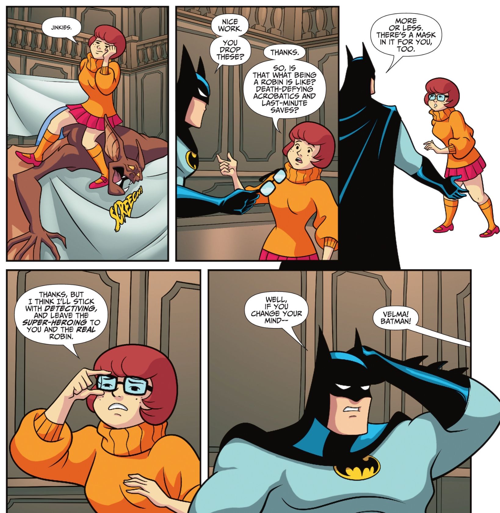 Velma rejeita a oferta de Batman para ser Robin, deixando Batman desapontado.
