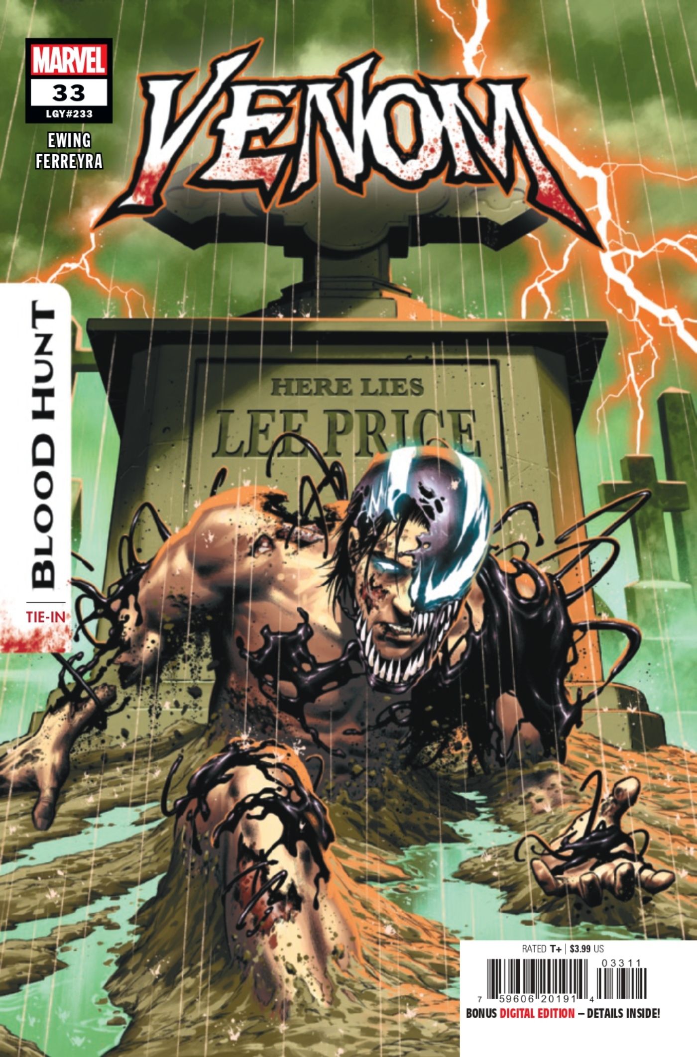 Venom #33 cover featuring Venom possessing the corpse of Lee Price.