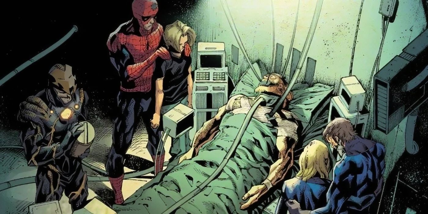 Eddie Brock de Venom em uma cama de hospital enquanto o Homem-Aranha, o Homem de Ferro e o Quarteto Fantástico lamentam sua morte.