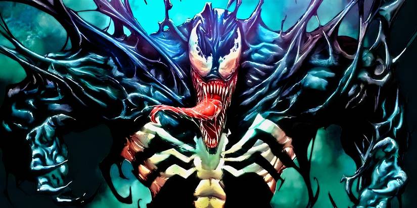 Venom surging with symbiote power, body distorting grotesquely as black tendrils emerge from it.