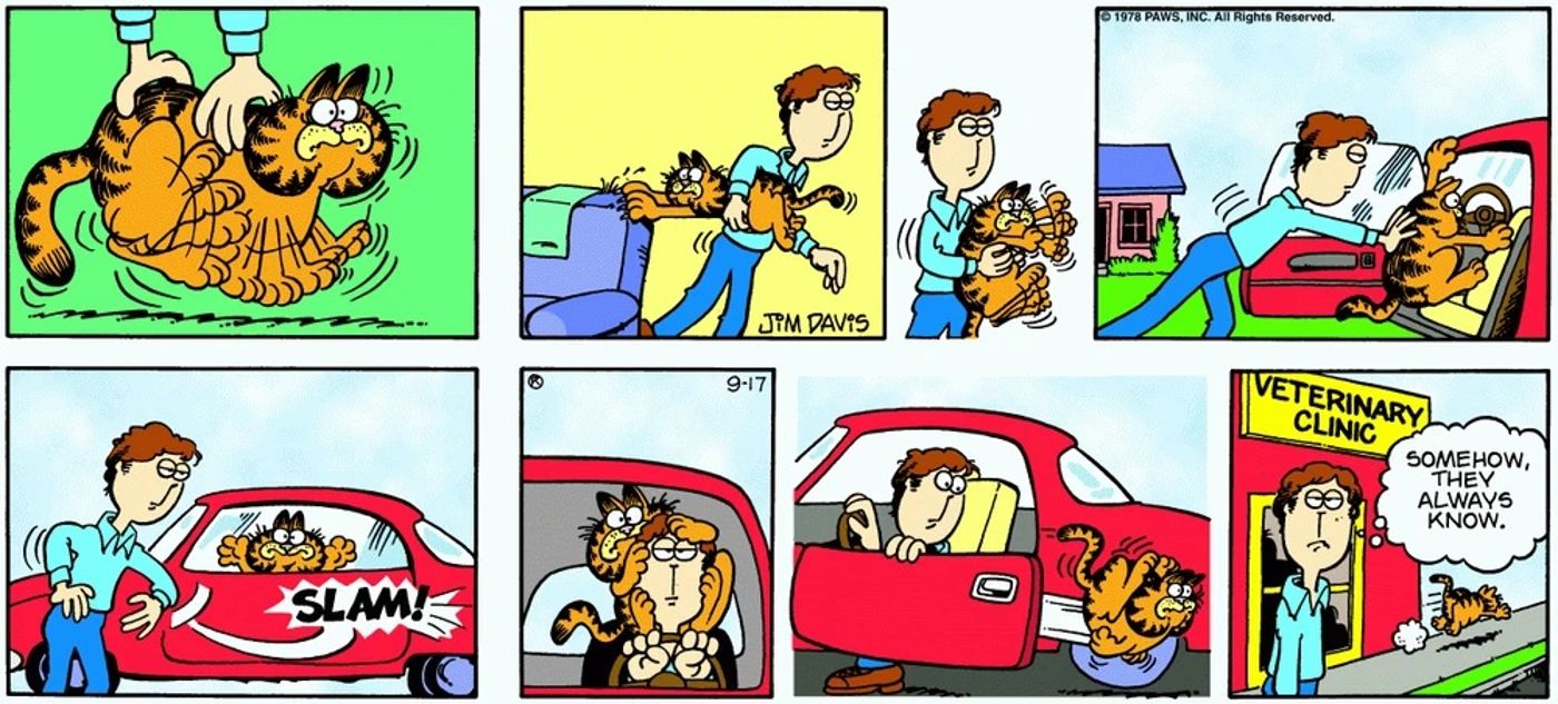 Garfield faz tudo o que pode para evitar ir ao veterinário