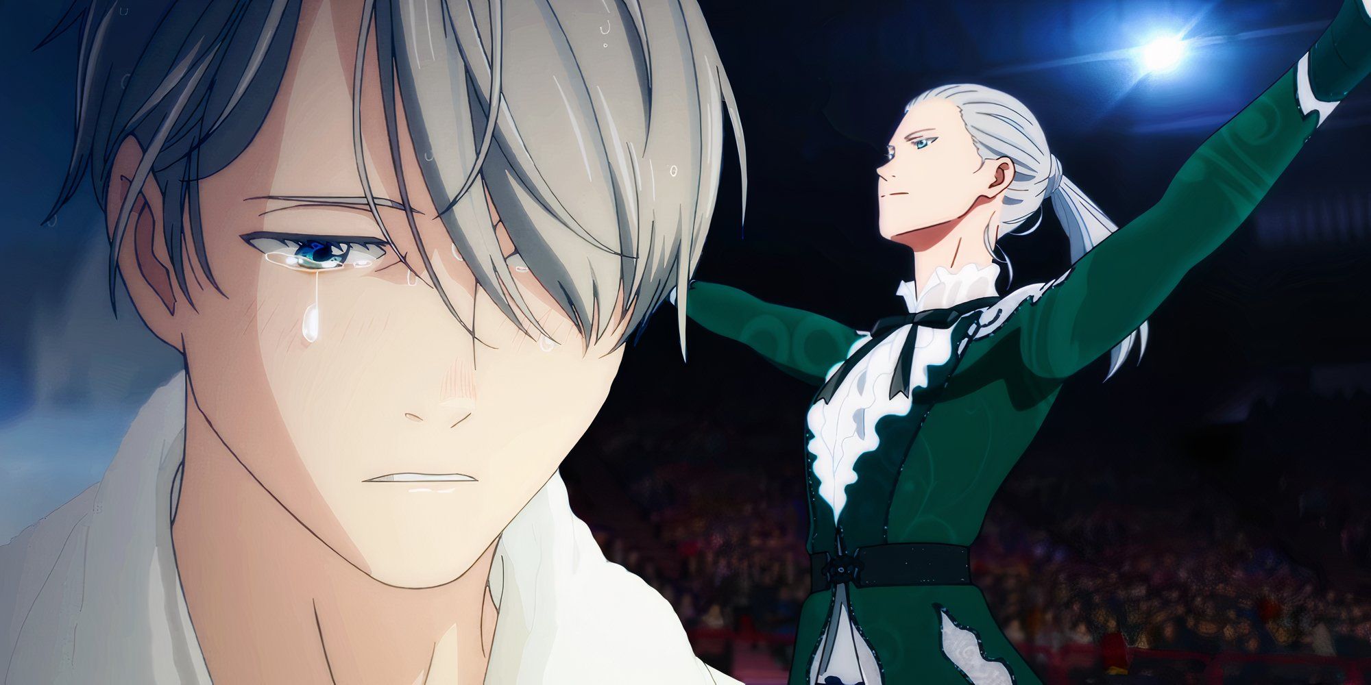 Victor from yuri on ice shedding a tear with ayoung vitor in the background as seen in the trailer for ice adolescence
