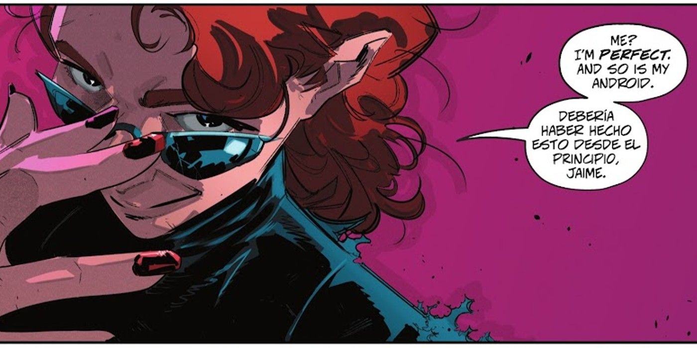 Comic book panel: Victoria Kord pushing her glasses up with a pink background.
