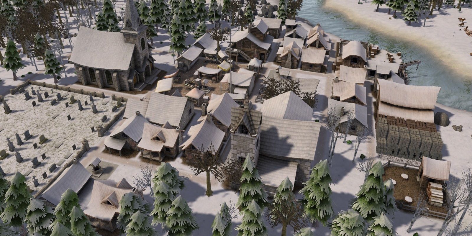 Visão geral da vila durante o inverno em Banished