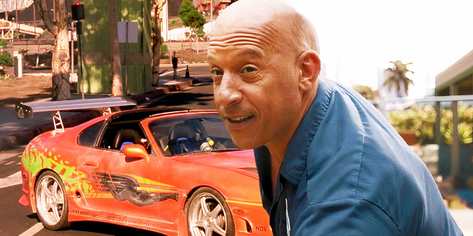 Vin Diesel as Dom in Fast X juxtaposed with Brian's orange Toyota Supra from The Fast and the Furious