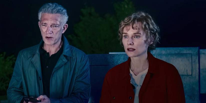 Vincent Cassel and Diane Kruger look on in shock in The Shrouds