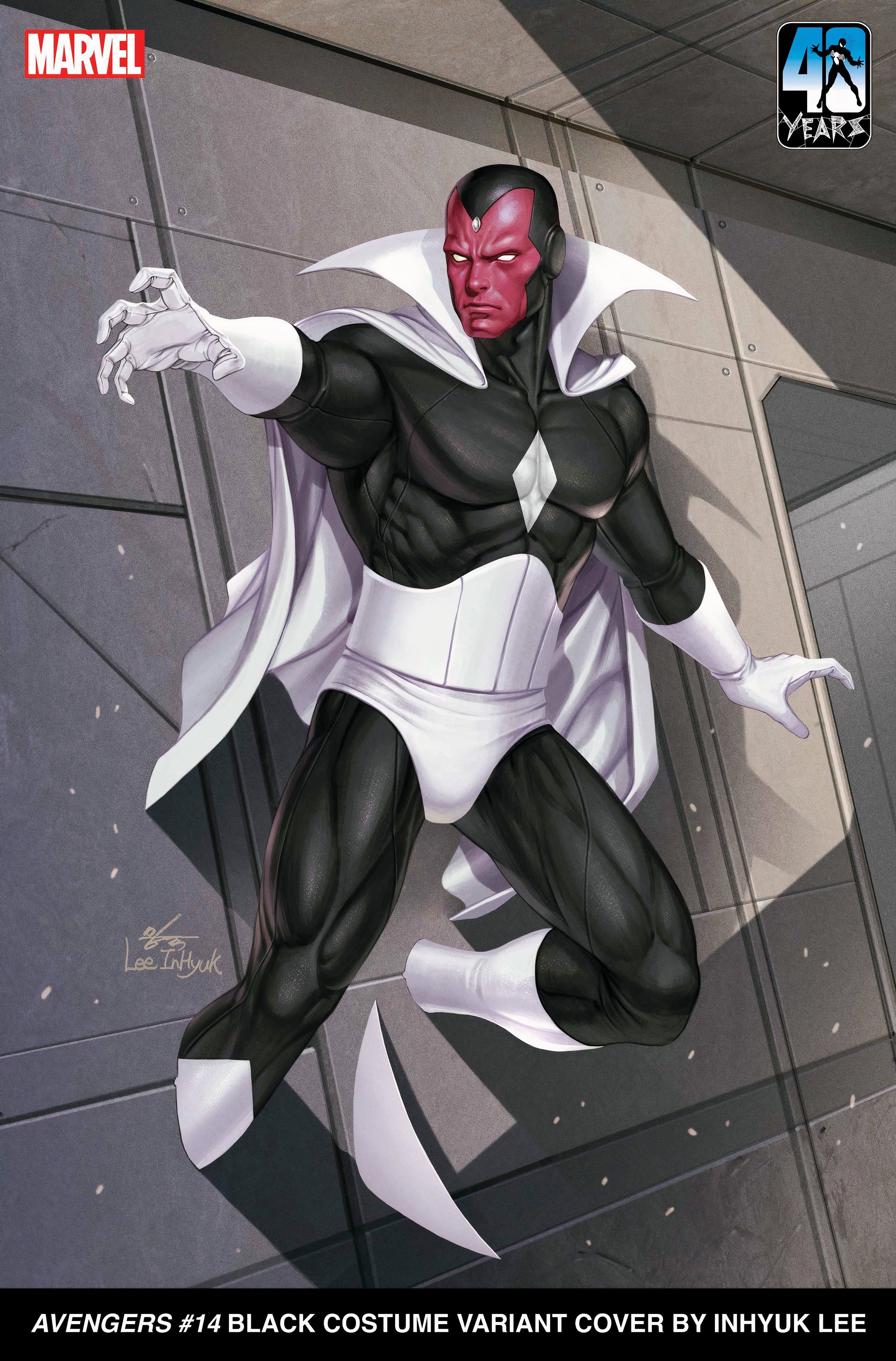 Vision wearing a black and white costume variant phasing through a wall.