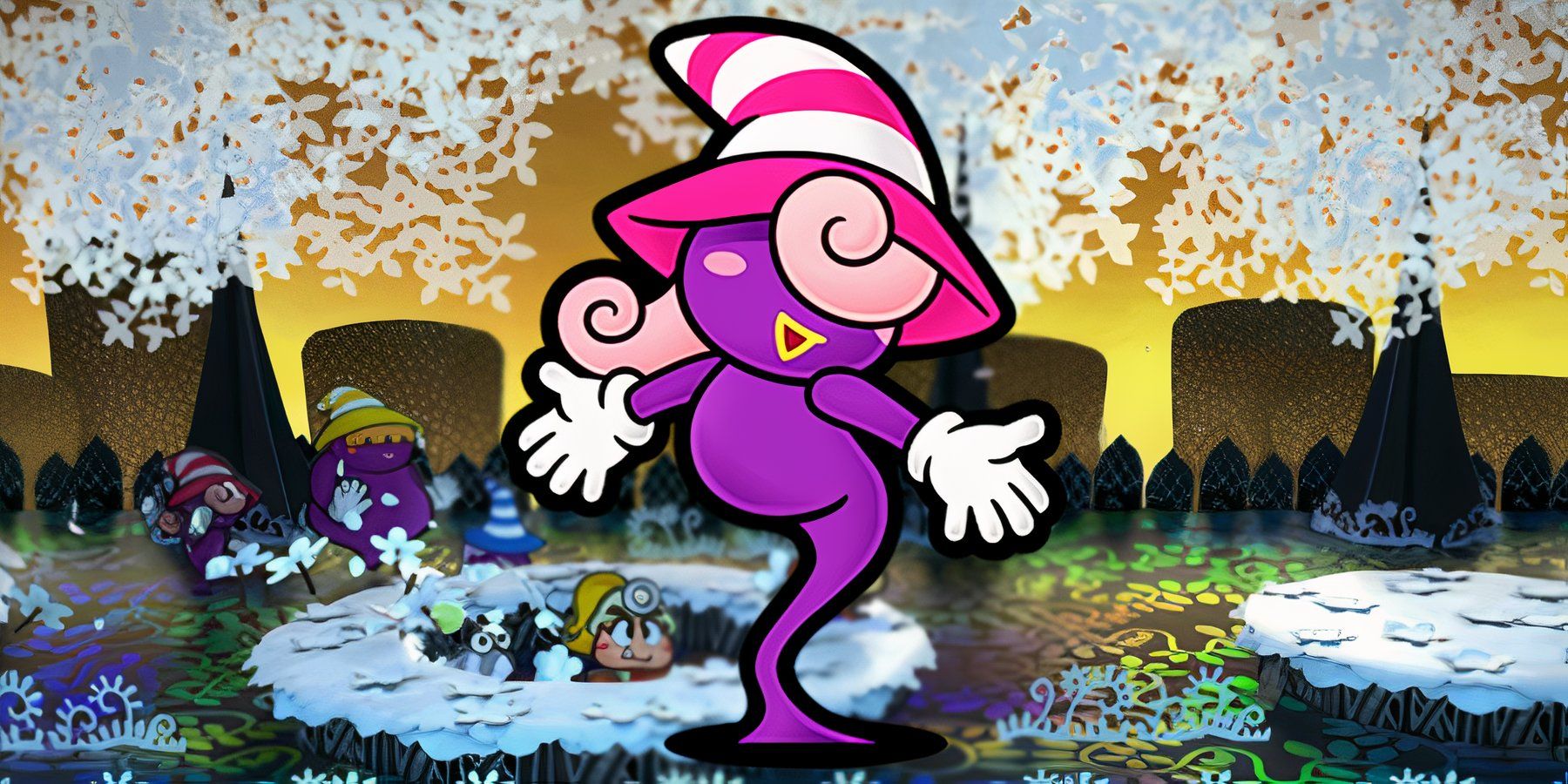 Vivian, um fantasma roxo usando um chapéu listrado, em meio à densa folhagem de Boggly Woods em uma captura de tela de Paper Mario TTYD.