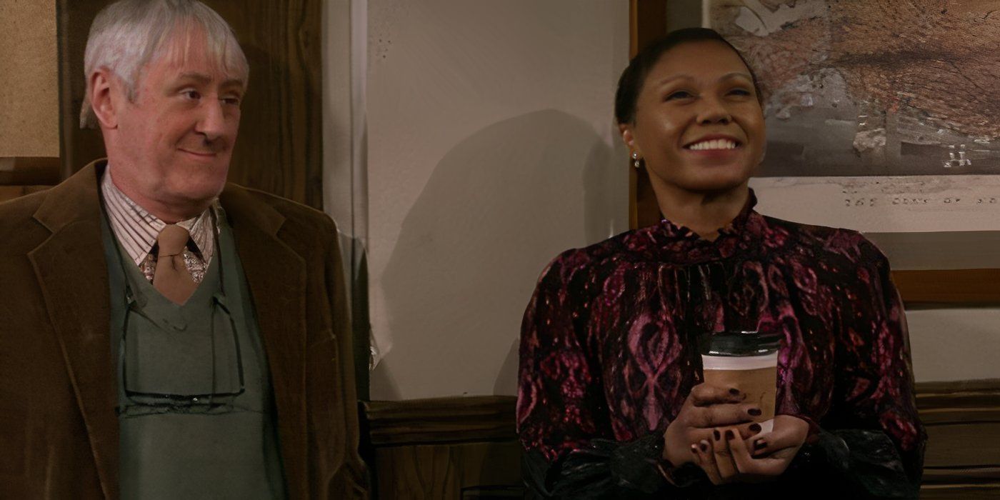 Toks Olagundoye sebagai Profesor Olivia Finch, dan Nicholas Lyndhurst sebagai Profesor Alan Cornwall di Frasier (2023) Episode 3, "Kelas utama"