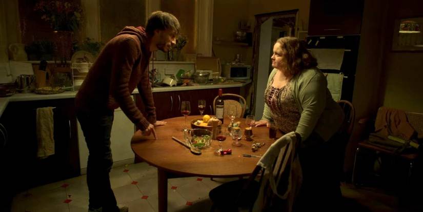 Baby Reindeer episode 3: Jessica Gunning as Martha Scott impersonates Sheila at Richard Gadd as Donny Dunn and Nina Sosanya as Liz's house