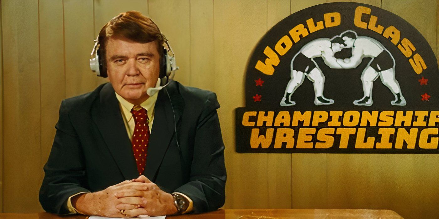 Michael J. Harney as Bill Mercer announcing the Kevin Von Erich (Zac Efron) Versus Harley Race (Kevin Anton) in The Iron Claw (2023)