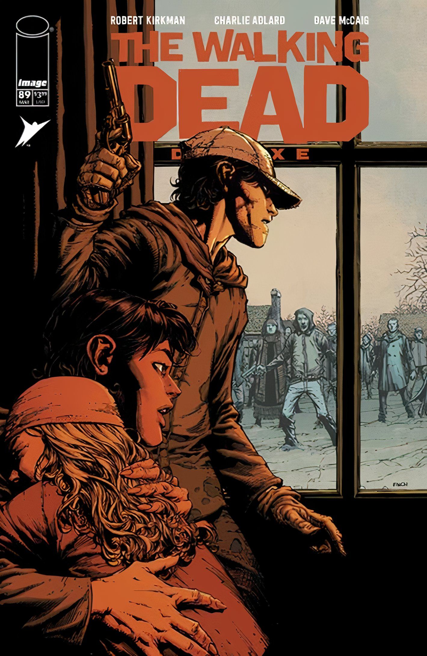Walking Dead Deluxe #89, Glenn holds a gun, protecting other survivors; horde of zombies approach outside window.