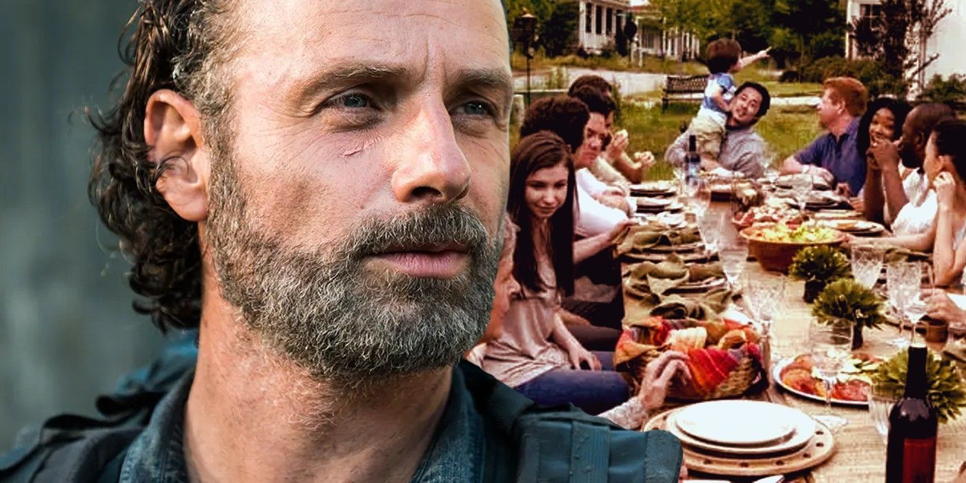 walking dead's rick watches his friends enjoy a meal