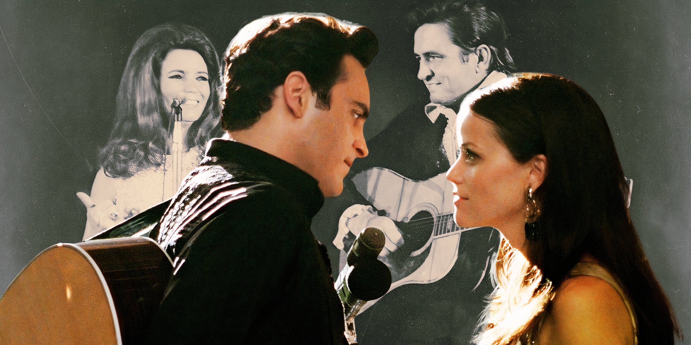 Joaquin Phoenix and Reese Witherspoon in Walk The Line with the real June Carter and Johnny cash behind them