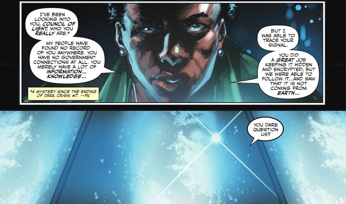 Comic book panels: Amanda Waller faces the Light on a large screen.