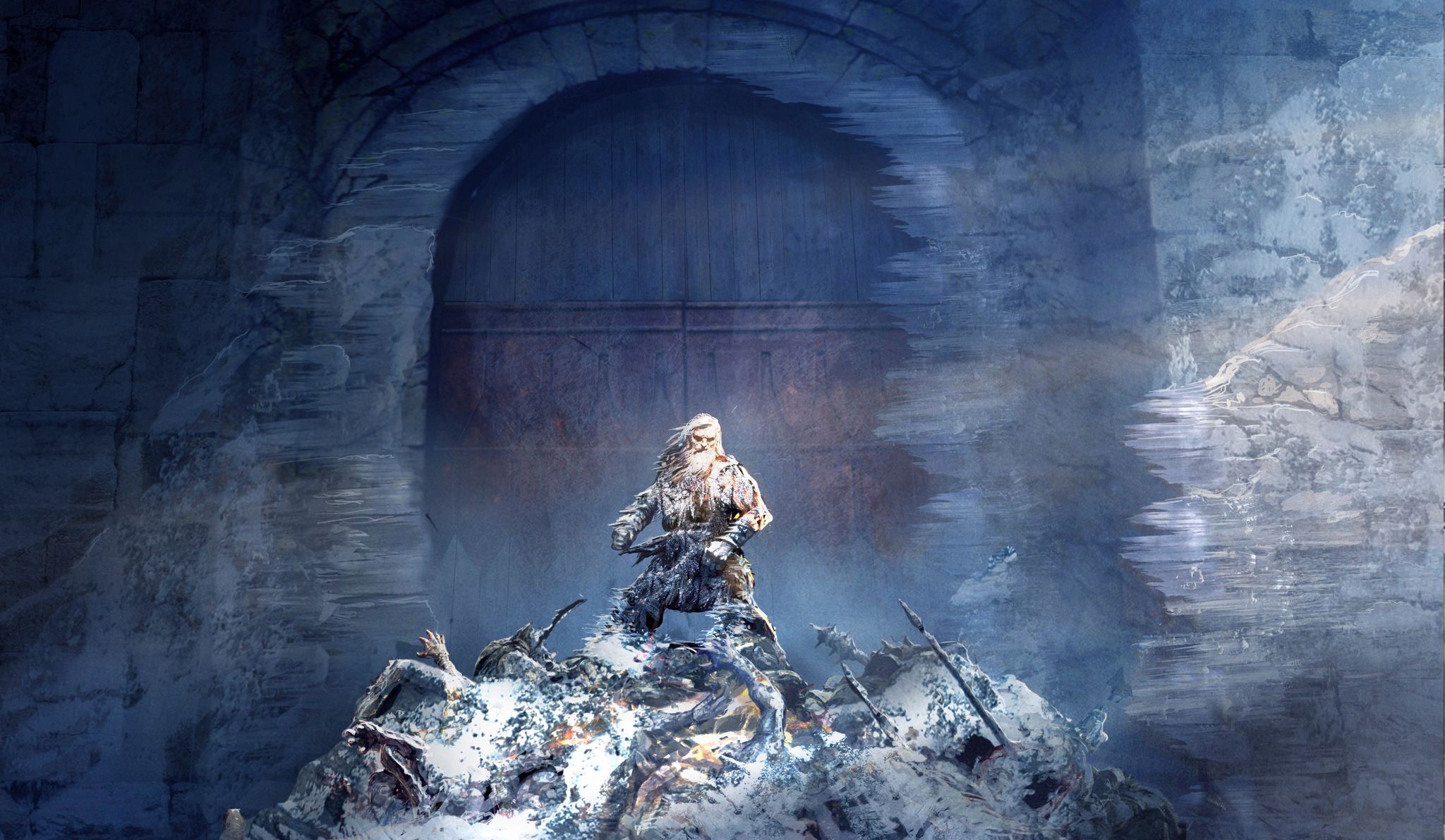 Helm Hammerhand standing atop a mound of frozen bodies outside Helm's Deep in The Lord of the Rings The War of the Rohirrim