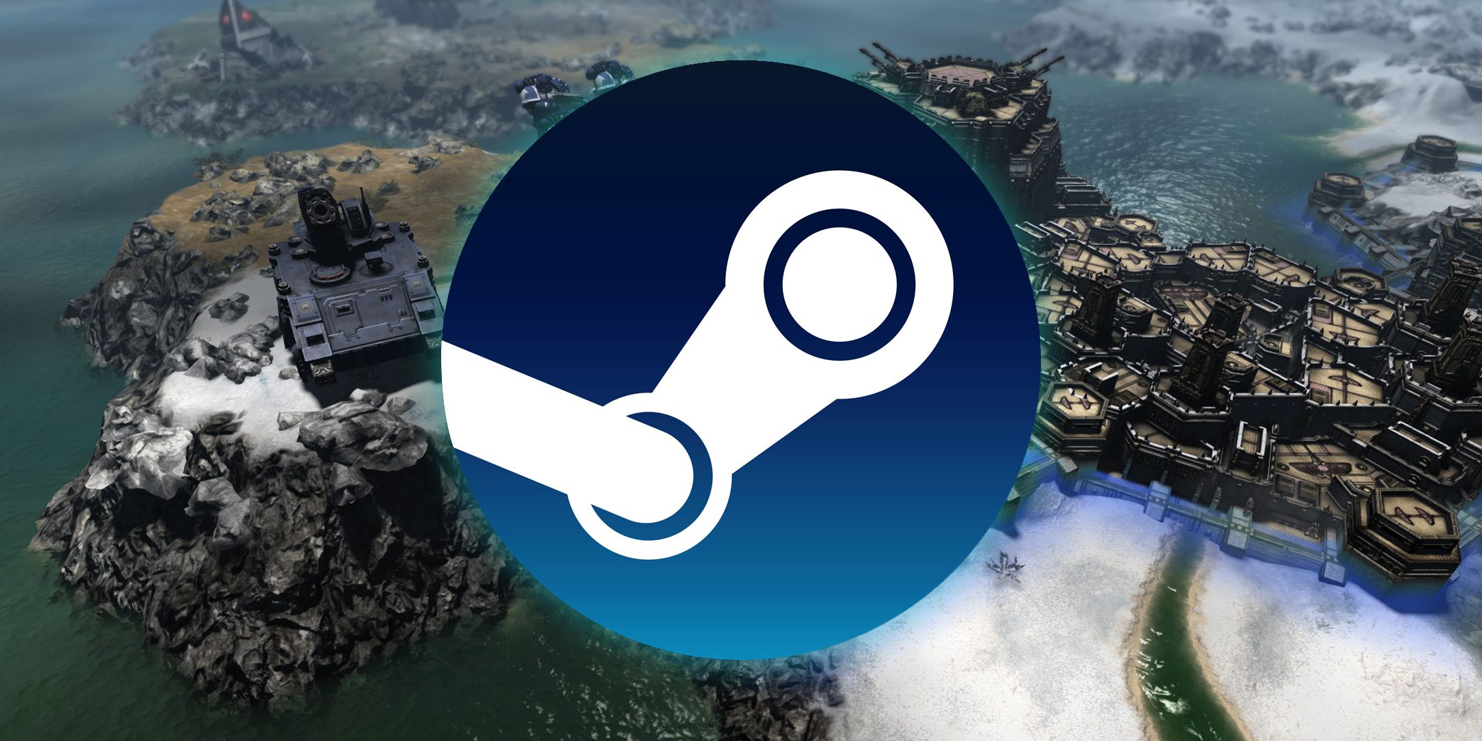 The Steam logo in front of gameplay from Warhammer 40K: Gladius.