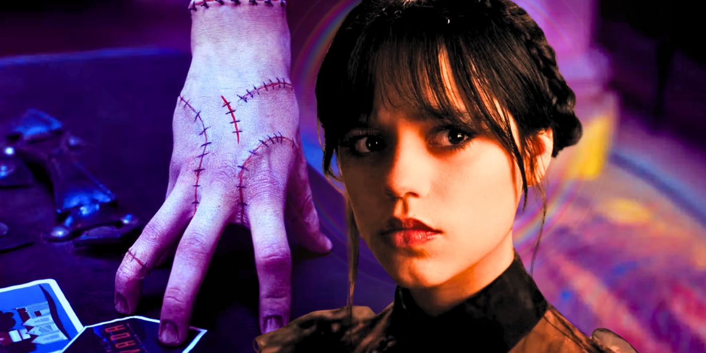 Split image of the hand named Thing and Jenna Ortega as Wednesday Addams in Wednesday