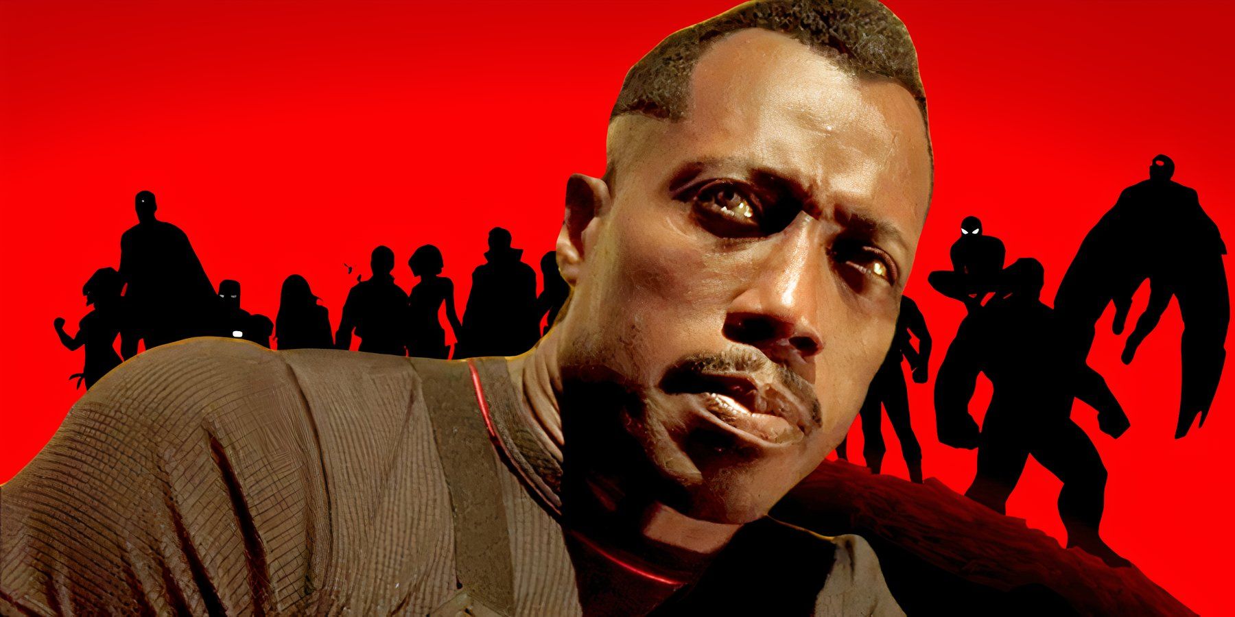 Wesley Snipes as Blade in front of a Marvel background