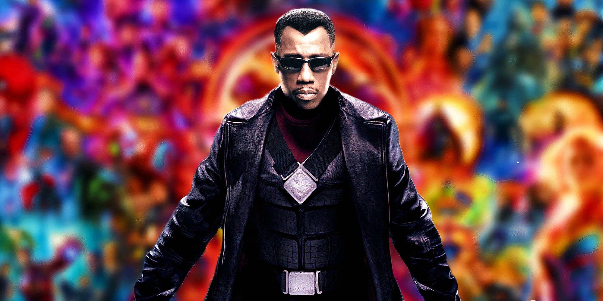 Wesley Snipes as Eric Brooks in the poster for Blade Trinity (2004) on top of a blurred image of the MCU's many movies